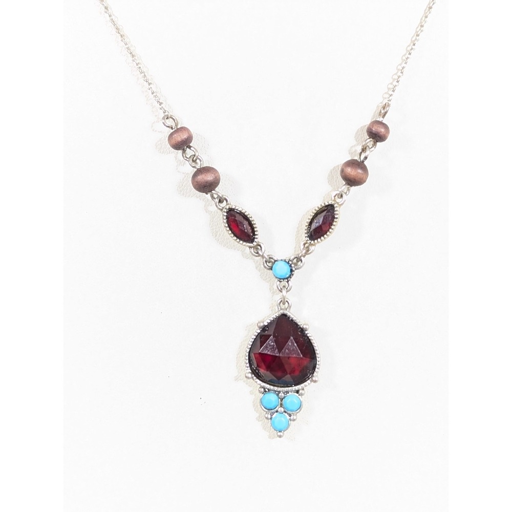 Southwestern Red Blue Faux Turquoise Y Drop Necklace Silver‎ Tone 18"